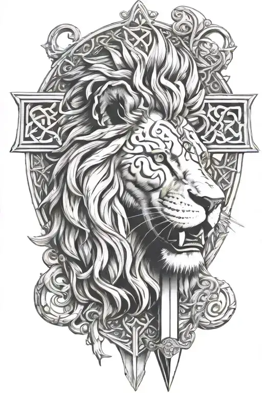 lion, celtic cross, dagger surrounded tattoo design idea