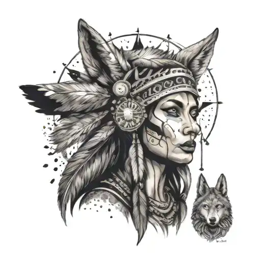 A surreal scene of an indigenous woman with a dark aura in a coyote headdress, surrounded by mystical symbols and guiding lights tattoo design idea