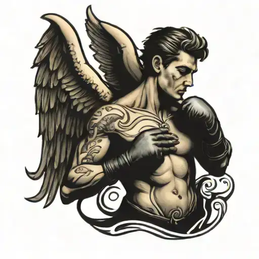 angel with boxing gloves hanging from the neck tattoo design idea