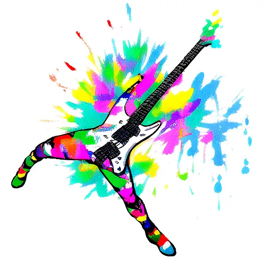 an electric guitar with a dumbbell , a paint brush and colours all in one tattoo design idea