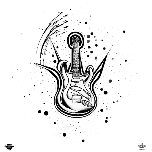 an electric guitar with a dumbbell , a paint brush and colours all in one tattoo design idea