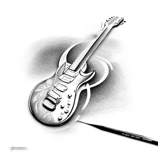 an electric guitar with a dumbbell , a paint brush and colours all in one tattoo design idea