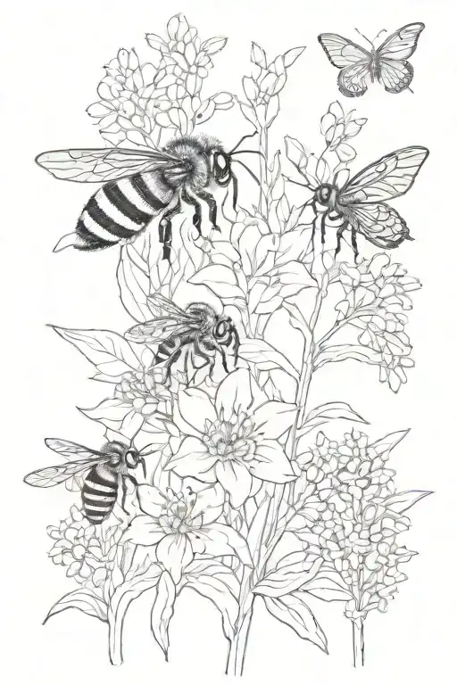 bee and butterfly on milkweed plant tattoo design idea