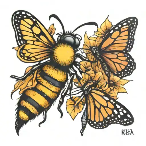 bee and monarch butterfly tattoo design idea