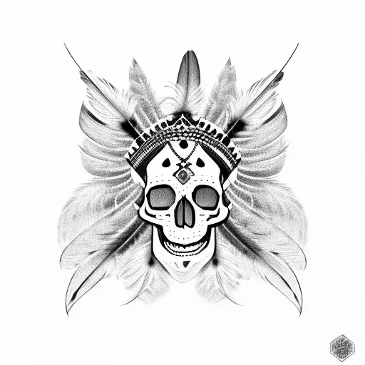 Indian skull head with feathers tattoo design idea