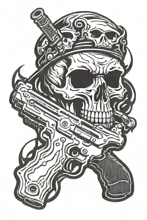 skull with gun in cap tattoo design idea