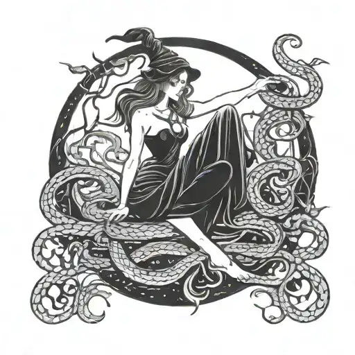A witchy scene of Lilith communing with snakes in a moonlit clearing tattoo design idea