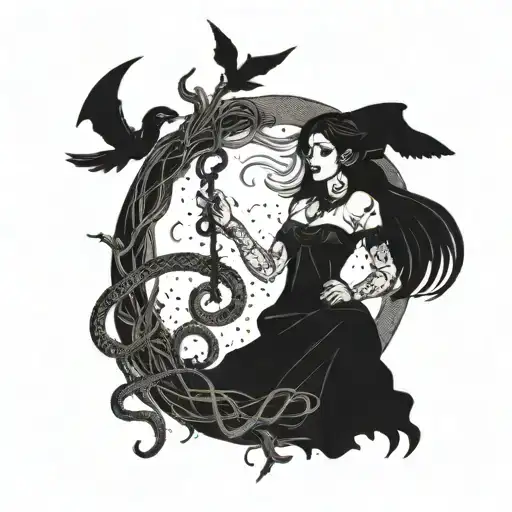 A witchy scene of Lilith communing with snakes in a moonlit clearing tattoo design idea