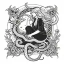 A witchy scene of Lilith communing with snakes in a moonlit clearing tattoo design idea