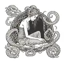 A witchy scene of Lilith communing with snakes in a moonlit clearing tattoo design idea