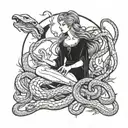 A witchy scene of Lilith communing with snakes in a moonlit clearing tattoo design idea