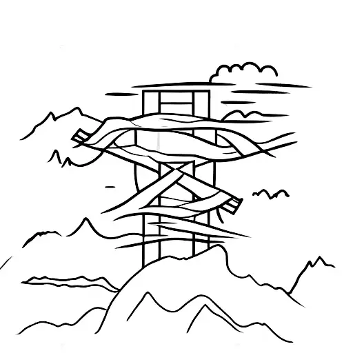 A line with mountains, trees and nature. A cross at the buttom tattoo design idea