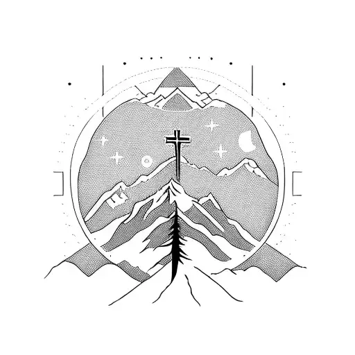 A single long tree with mountains, and other nature on the sides. I want a christian cross at the buttom tattoo design idea