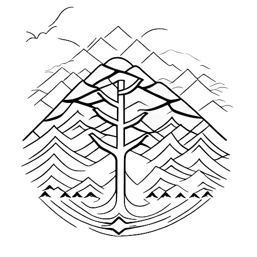 A single long tree with mountains, and other nature on the sides. I want a christian cross at the buttom tattoo design idea