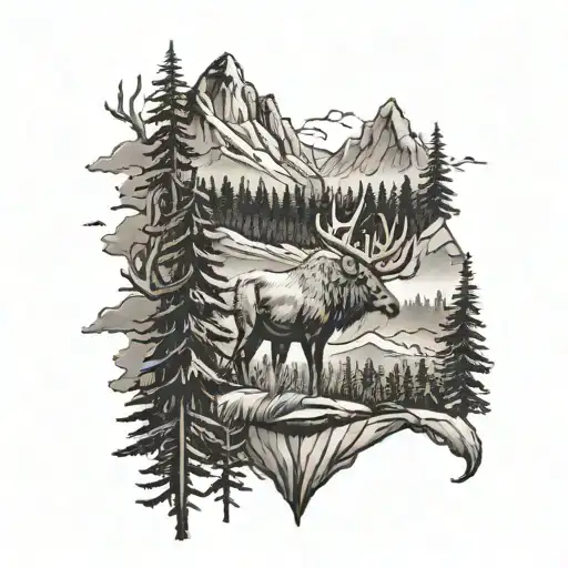 elk, moose, bear, mountain lion, wolf, eagle with mountains and trees  tattoo design idea
