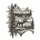 elk, moose, bear, mountain lion, wolf, eagle with mountains and trees  tattoo design idea