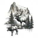 elk, moose, bear, mountain lion, wolf, eagle with mountains and trees  tattoo design idea
