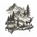elk, moose, bear, mountain lion, wolf, eagle with mountains and trees  tattoo design idea