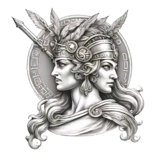 Greek goddess Athena Greek Mythology style Heracles with Versace pattern in circle  tattoo design idea