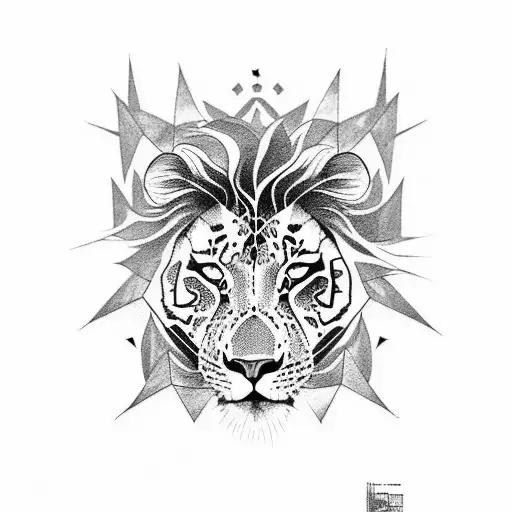 A tattoo featuring a lion and a tiger engaged in a fierce battle, surrounded by geometric patterns tattoo design idea