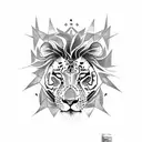 A tattoo featuring a lion and a tiger engaged in a fierce battle, surrounded by geometric patterns tattoo design idea