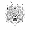 A tattoo featuring a lion and a tiger engaged in a fierce battle, surrounded by geometric patterns tattoo design idea