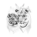 A tattoo featuring a lion and a tiger engaged in a fierce battle, surrounded by geometric patterns tattoo design idea