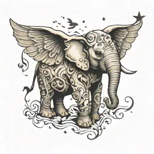 A celestial elephant with wings made of musical notes, serenading Heavenly Jane and Harlee Faye with a lullaby under a starlit sky tattoo design idea