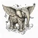 A celestial elephant with wings made of musical notes, serenading Heavenly Jane and Harlee Faye with a lullaby under a starlit sky tattoo design idea