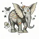 A celestial elephant with wings made of musical notes, serenading Heavenly Jane and Harlee Faye with a lullaby under a starlit sky tattoo design idea