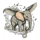 A celestial elephant with wings made of musical notes, serenading Heavenly Jane and Harlee Faye with a lullaby under a starlit sky tattoo design idea