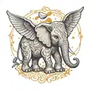 A celestial elephant with wings made of musical notes, serenading Heavenly Jane and Harlee Faye with a lullaby under a starlit sky tattoo design idea