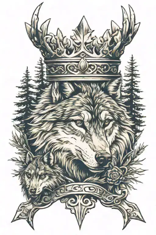 pine Forrest, wolves, kings crown, sword intertwined tattoo design idea