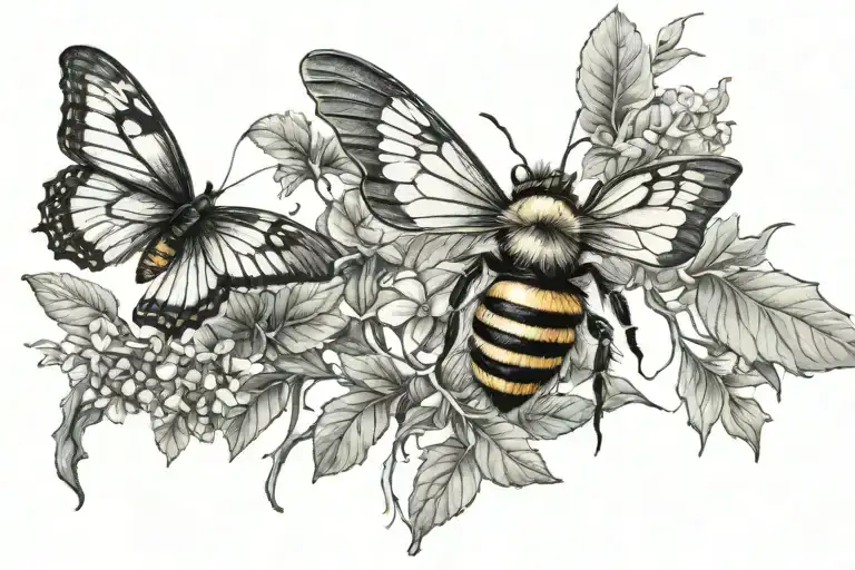 bee and a butterfly connected by  vines tattoo design idea