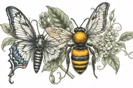 bee and a butterfly connected by  vines tattoo design idea