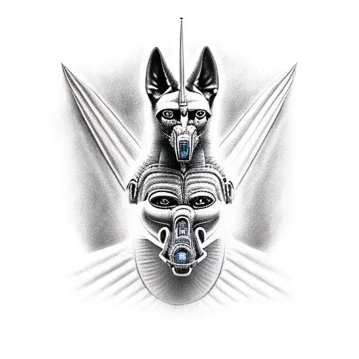 Wild realistic Anubis in the style of H.R. giger tattoo design idea