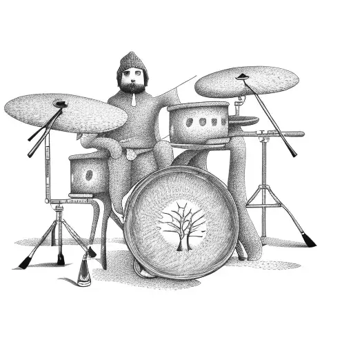 A drummer playing on a drum set made of trees tattoo design idea