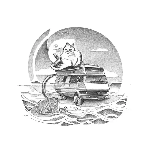 A cat lounging on a motorhome roof, with the ocean in the background tattoo design idea