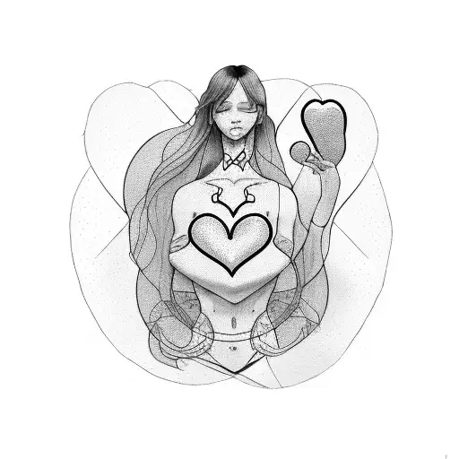 linework of girls torso hugging herself and a small red heart over her left chest tattoo design idea