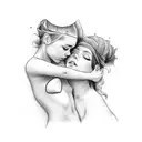 linework of girls torso hugging herself and a small red heart over her left chest tattoo design idea