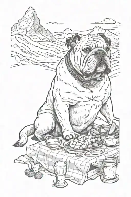 A tattoo design featuring a continental bulldog enjoying a cheese picnic on the Matterhorn mountain tattoo design idea