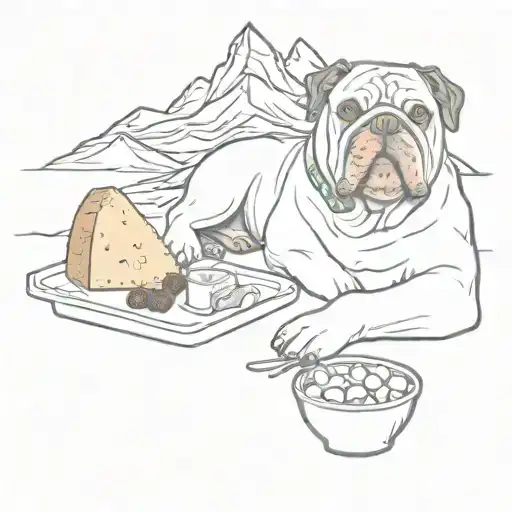 A tattoo design featuring a continental bulldog enjoying a cheese picnic on the Matterhorn mountain tattoo design idea