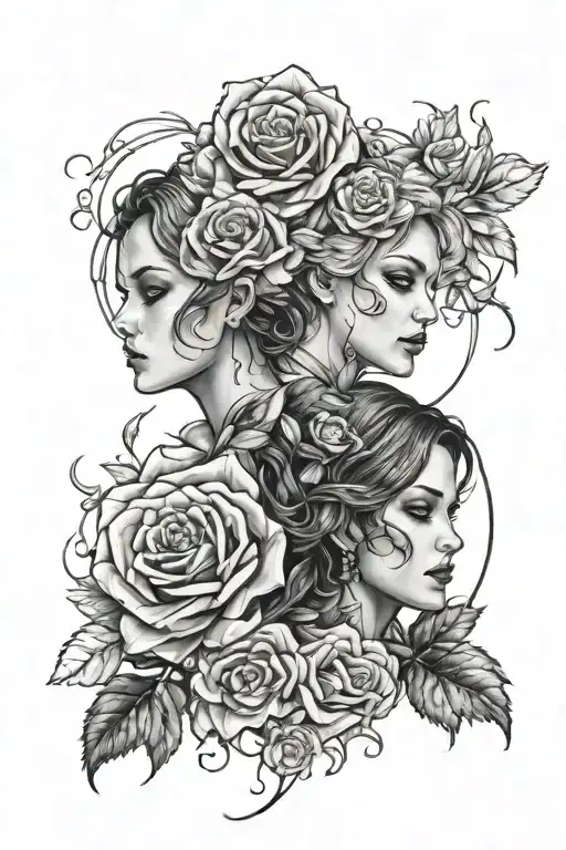gemini sisters facing with roses tattoo design idea