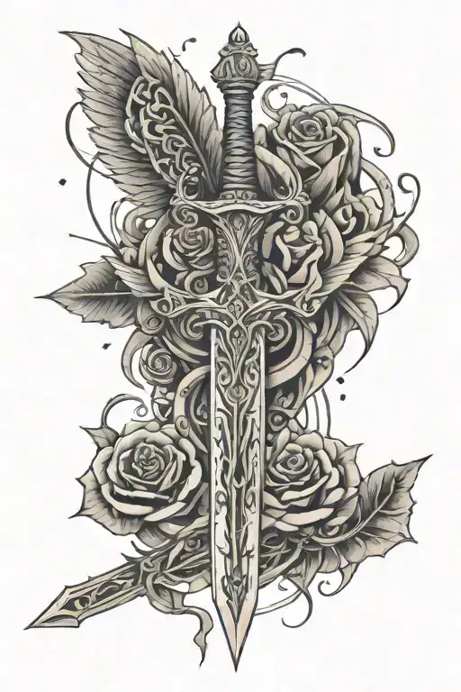 sword warped by rose wines engulfed with wings made tattoo design idea