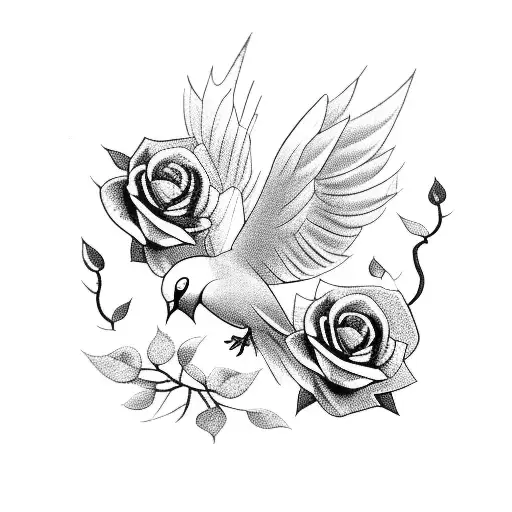 A gothic-inspired tattoo of a dove surrounded by dark roses and thorns tattoo design idea