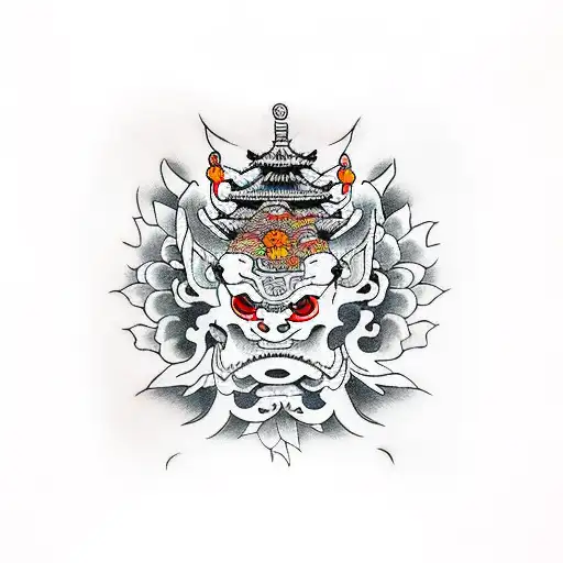 templo com gueixa e flores e máscara de hannya tattoo design idea