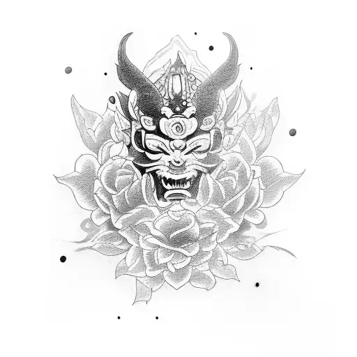 TEMPLO COM GUEIXA FLORES E MASCARA DE HANNYA tattoo design idea