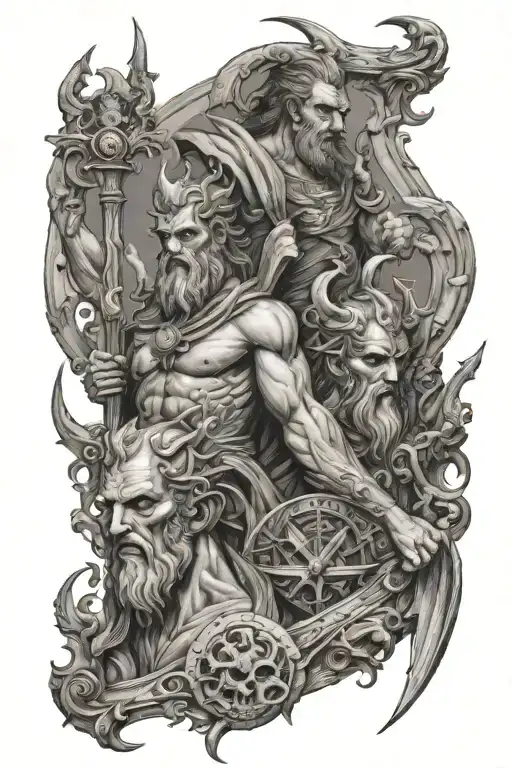 Zues with hades and poseidon trident tattoo design idea