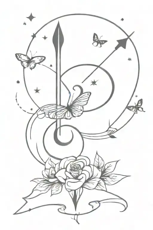 arrow, flower, moon, butterfly, crown, violin, star,clouds, infinity symbol tattoo design idea