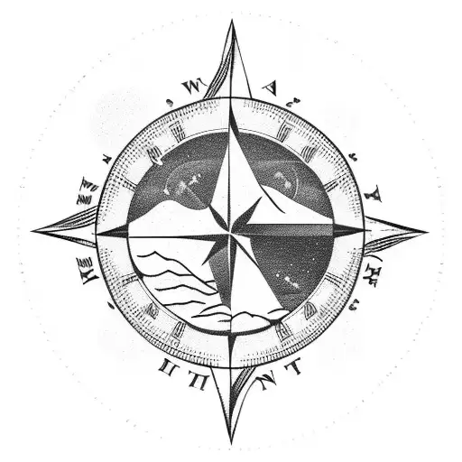 nautical compass with background of mountains and waves tattoo design idea